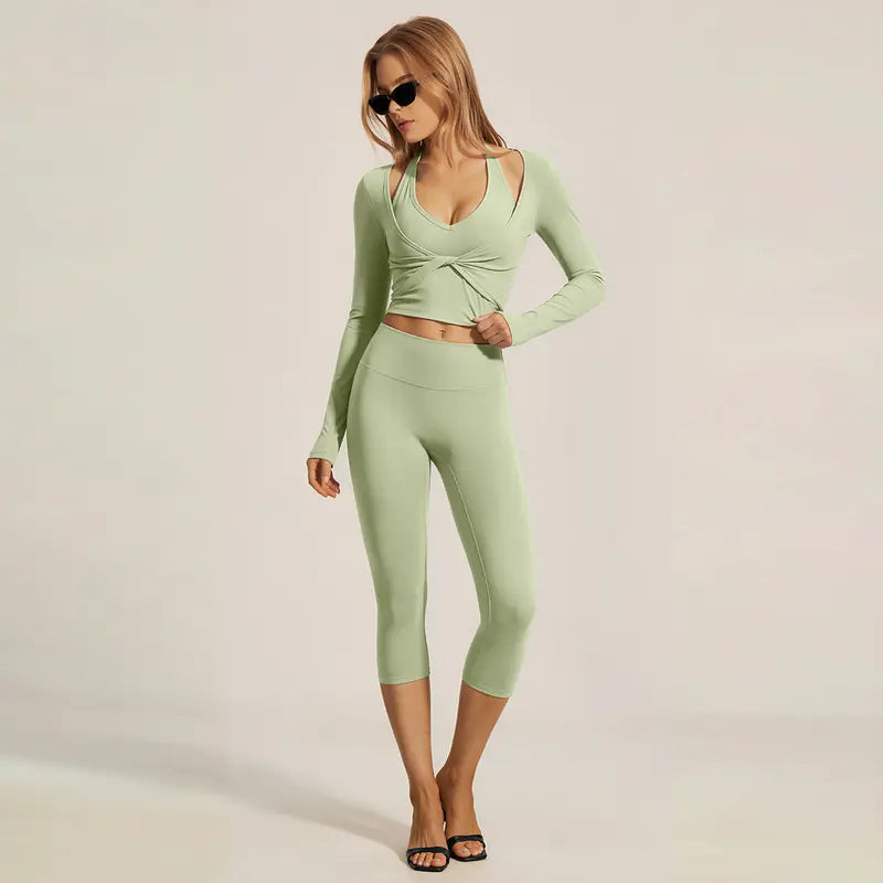 Elevate Your Workout with the MFVIM Women's Two-Piece Yoga Set - Stylish Crossover V Neck Halter Crop Top & High-Waisted Leggings in Soft Nude Feel
