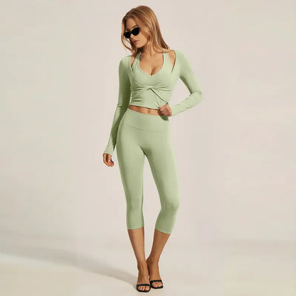 Elevate Your Workout with the MFVIM Women's Two-Piece Yoga Set - Stylish Crossover V Neck Halter Crop Top & High-Waisted Leggings in Soft Nude Feel