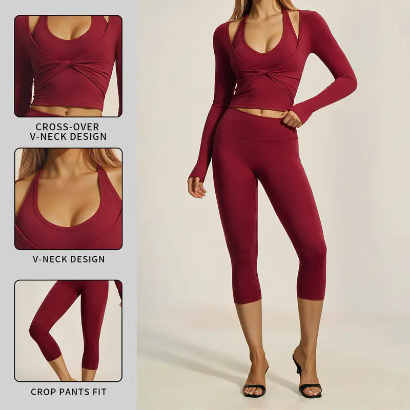 Elevate Your Workout with the MFVIM Women's Two-Piece Yoga Set - Stylish Crossover V Neck Halter Crop Top & High-Waisted Leggings in Soft Nude Feel
