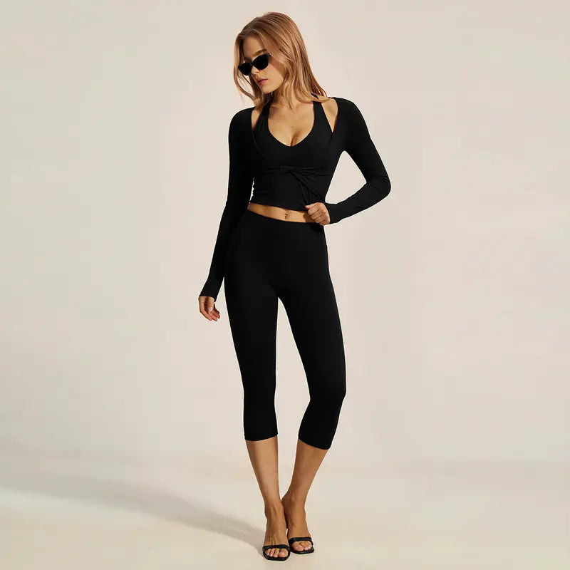 Elevate Your Workout with the MFVIM Women's Two-Piece Yoga Set - Stylish Crossover V Neck Halter Crop Top & High-Waisted Leggings in Soft Nude Feel