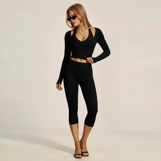 Elevate Your Workout with the MFVIM Women's Two-Piece Yoga Set - Stylish Crossover V Neck Halter Crop Top & High-Waisted Leggings in Soft Nude Feel