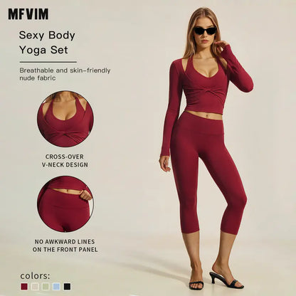 Elevate Your Workout with the MFVIM Women's Two-Piece Yoga Set - Stylish Crossover V Neck Halter Crop Top & High-Waisted Leggings in Soft Nude Feel