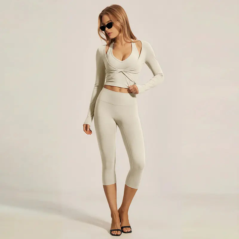 Elevate Your Workout with the MFVIM Women's Two-Piece Yoga Set - Stylish Crossover V Neck Halter Crop Top & High-Waisted Leggings in Soft Nude Feel